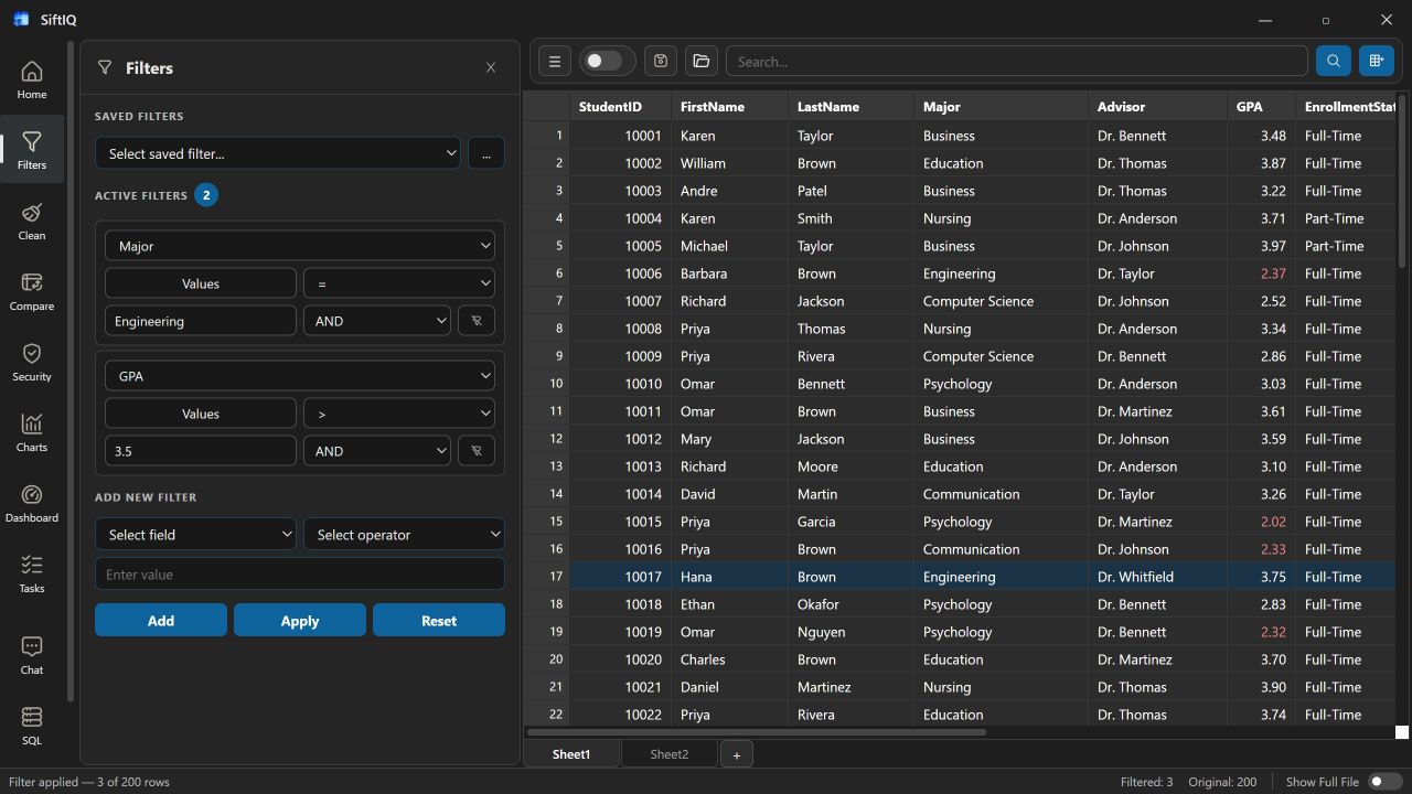 SiftIQ filters and data preparation
